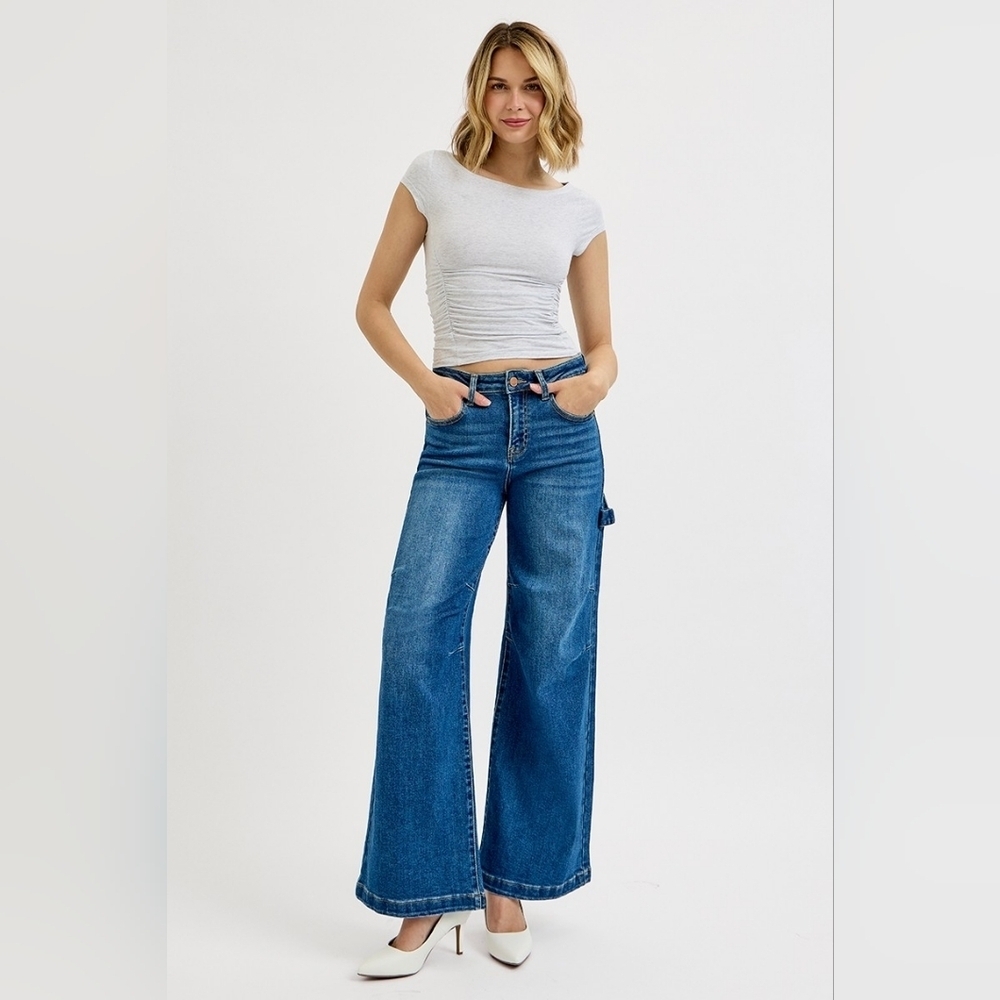 Risen HR Dark Wash Wide Leg Carpenter Utility Jeans Patch Classic Various NEW